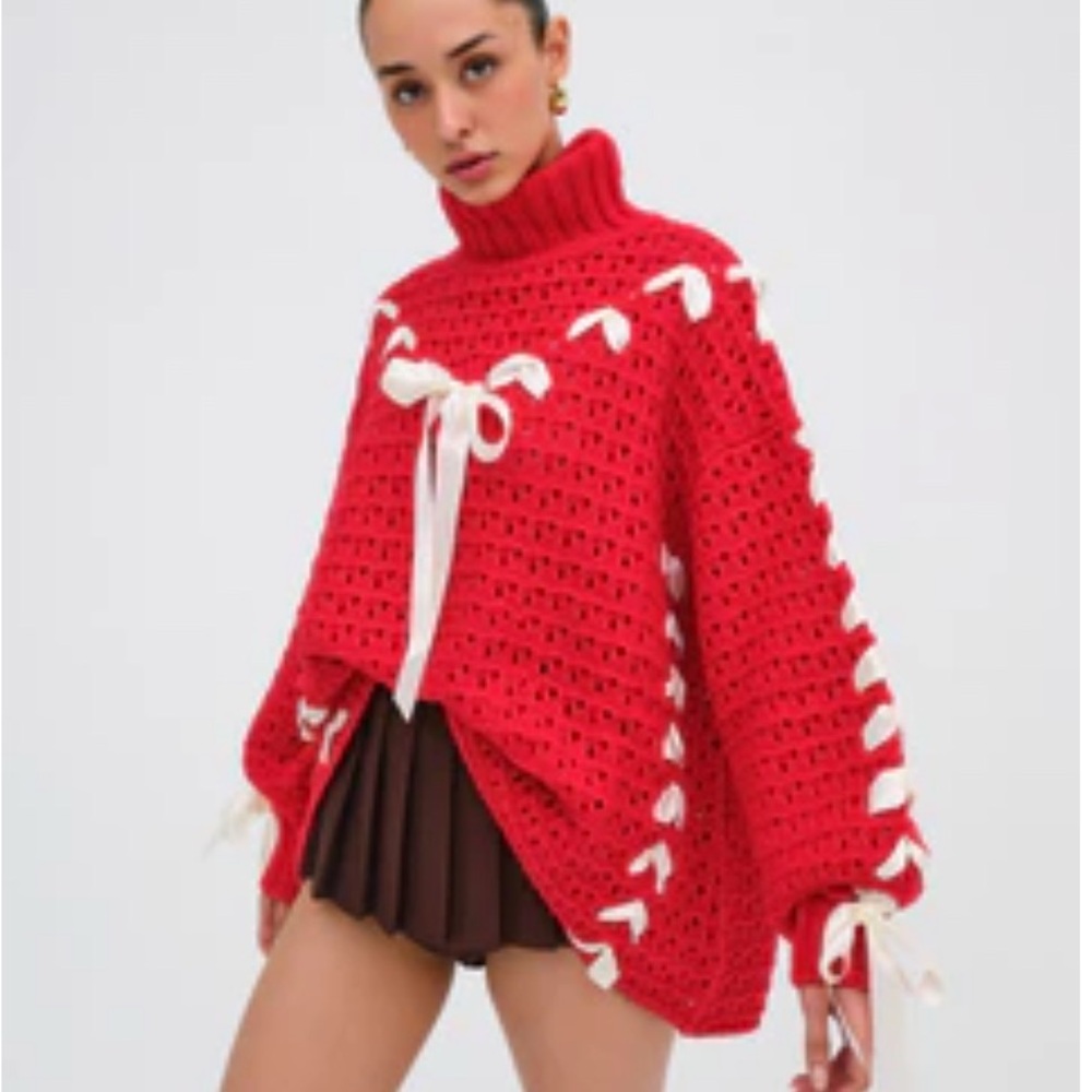 Red Knit Sweater with Ribbon Details